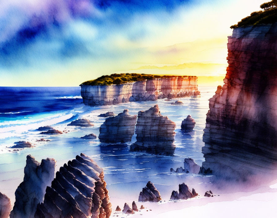 Coastal Scene Watercolor Painting with Cliffs and Sunset Sky