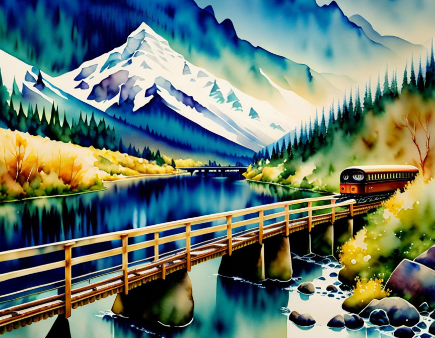 Scenic watercolor: train on bridge in mountain landscape