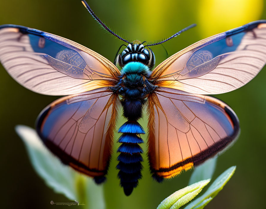 Butterfly with orange-edged wings on green foliage