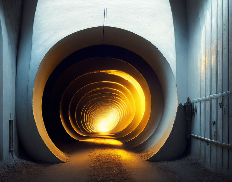 Circular tunnel with yellow light, depth, and leading lines