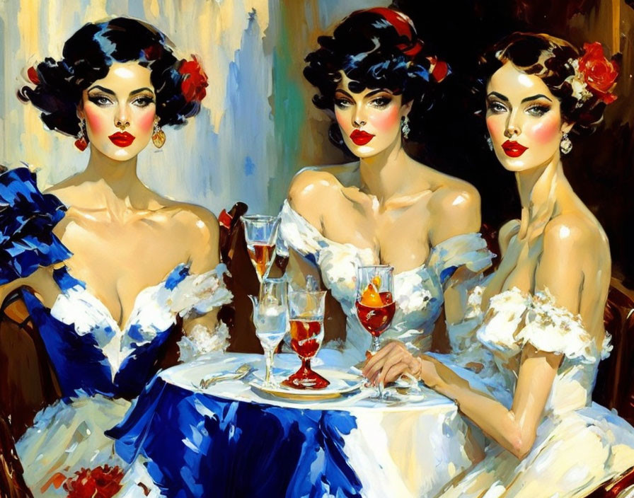 Three elegantly dressed women with striking makeup and hairstyles in vibrant painting style.