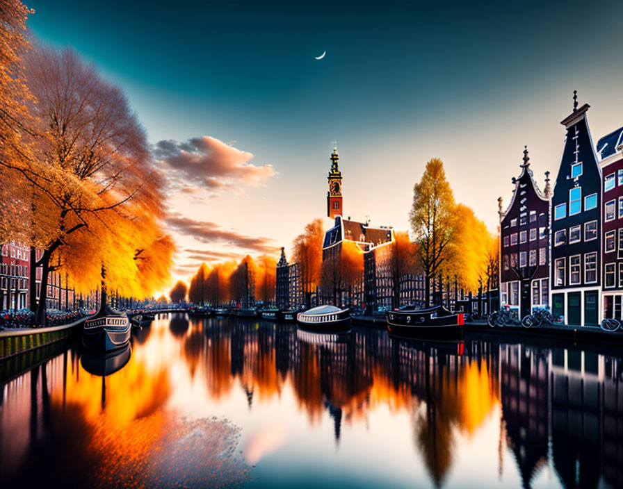 Amsterdam canal at sunset with Dutch buildings and crescent moon