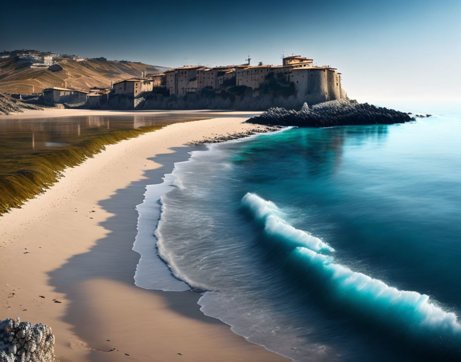 Historic building on rocky cliff overlooking serene coastal beach