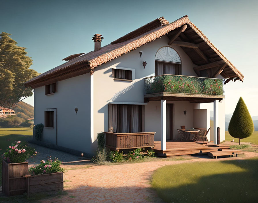 White Two-Story House with Balcony, Terra Cotta Roof, and Wooden Porch