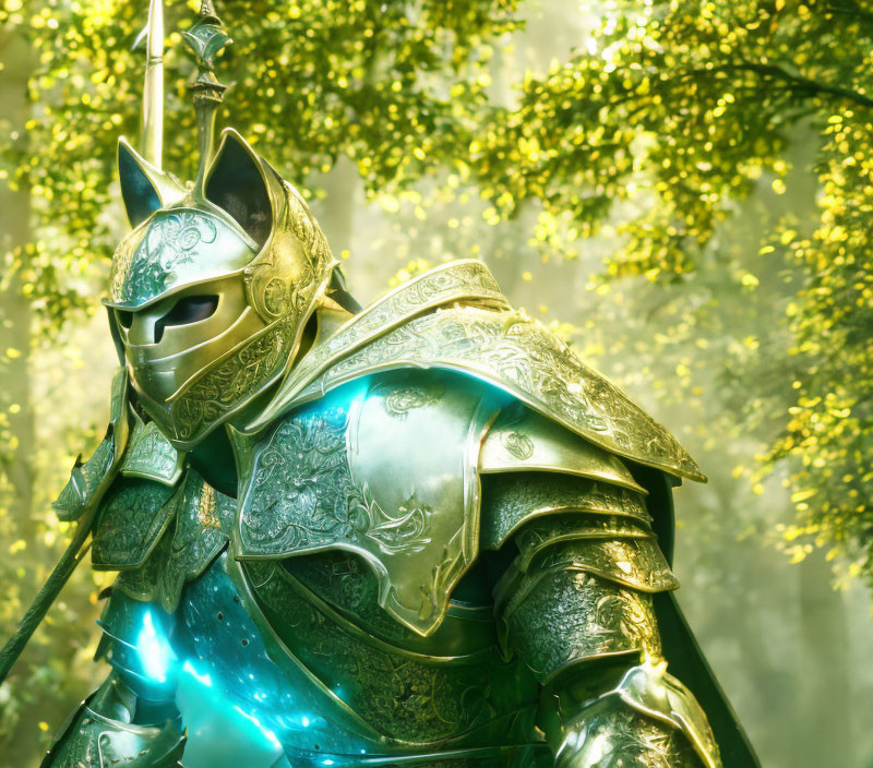 Ornate armored knight in sunlit forest with glowing blue gauntlet