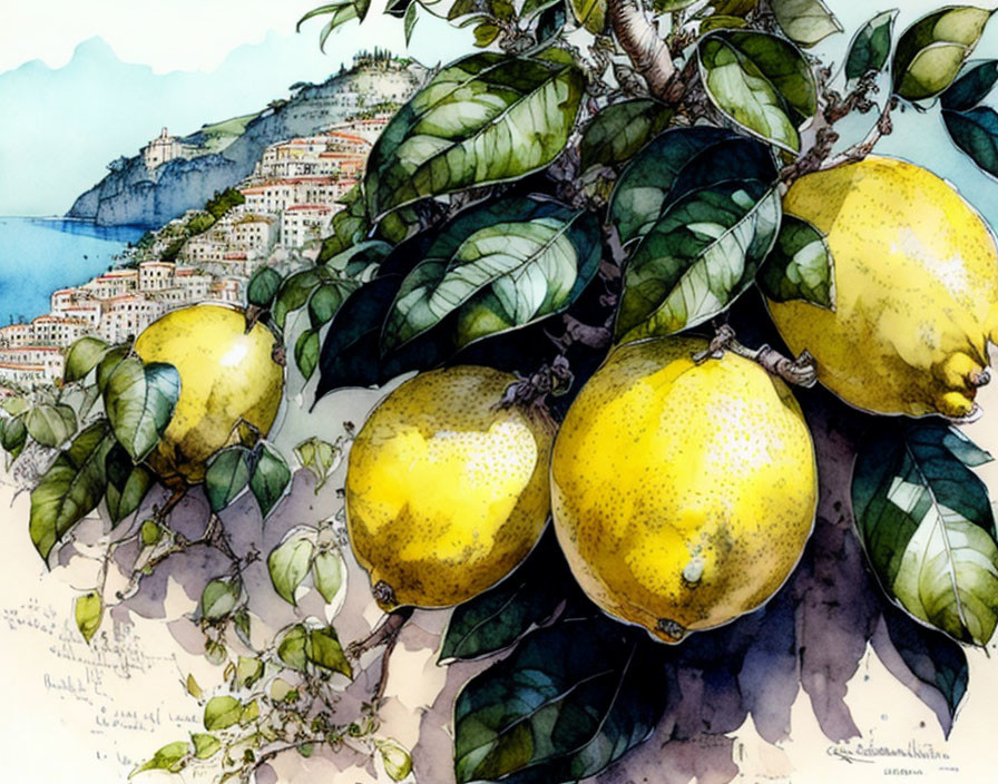 Ripe Lemons Watercolor Illustration with Coastal Village Scenery