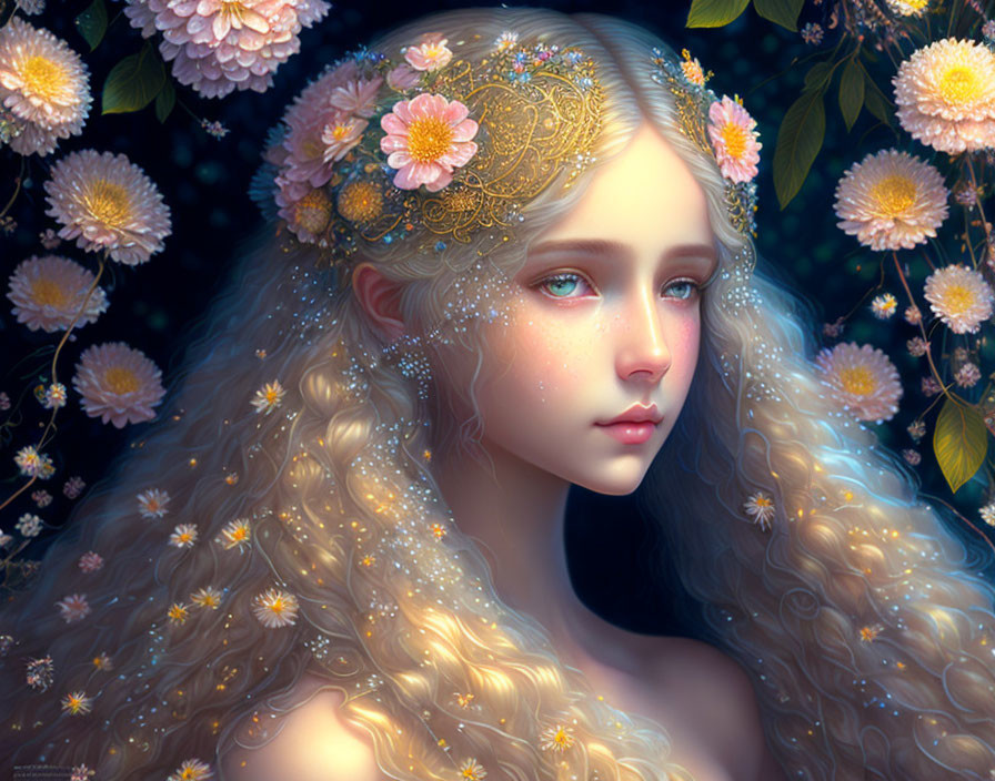 Digital artwork: Woman with golden hair and floral tiara in fantasy floral setting