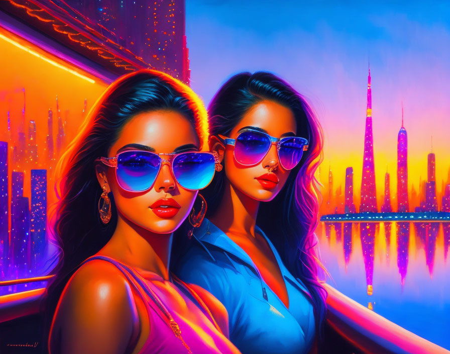 Stylized women with sunglasses in neon-lit cityscape at dusk