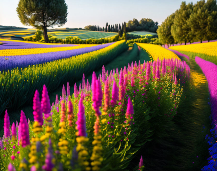 Colorful Flower Field with Trees and Clear Sky