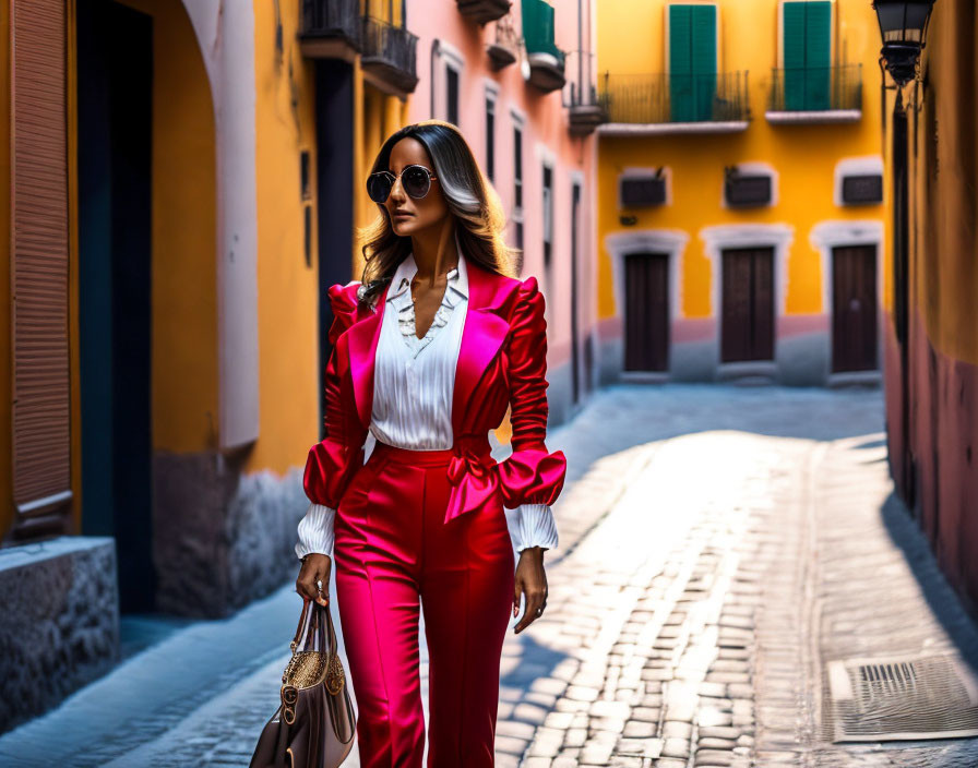 Fashionable woman in red outfit and sunglasses walking on cobblestone street