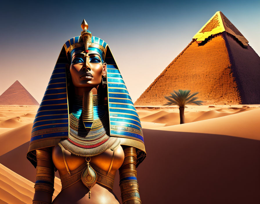 Digital art: Colossal Sphinx with Pharaoh's features near Great Pyramids