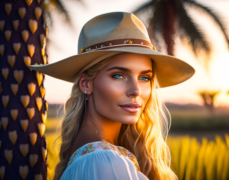 Blue-eyed woman in decorated hat poses at sunset with palm trees.