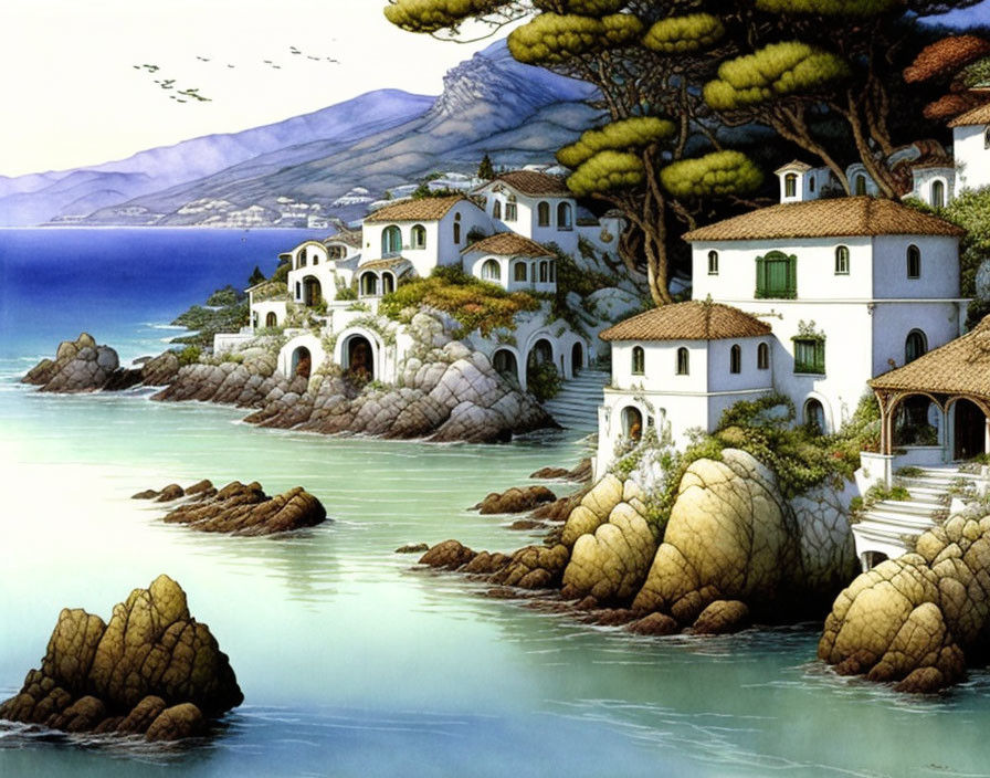 Tranquil Coastal Landscape with Mediterranean Buildings and Blue Sea