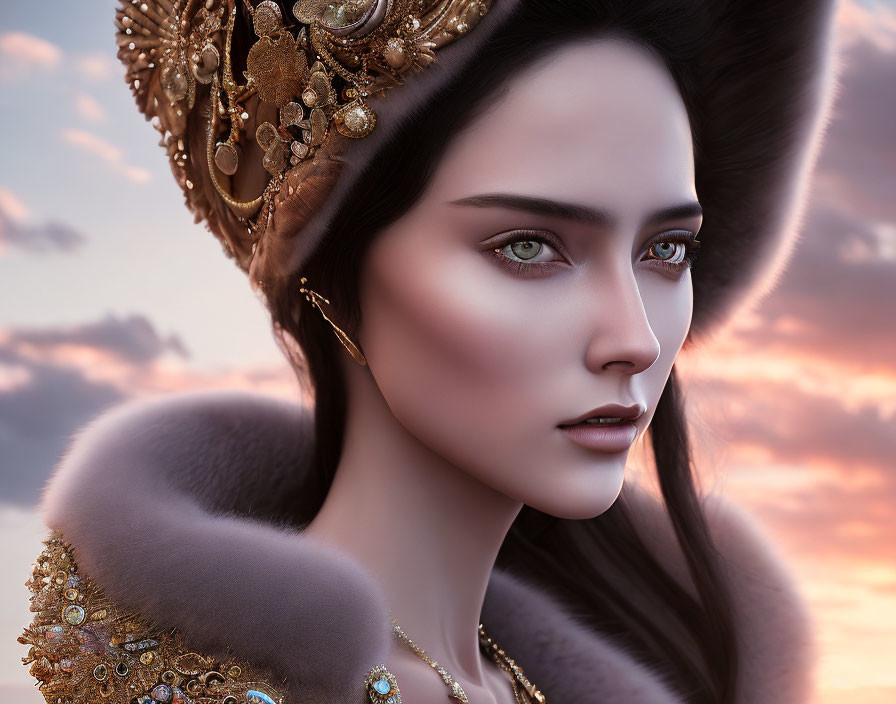 Digital artwork: Woman in gold jewelry & fur attire under sunset sky