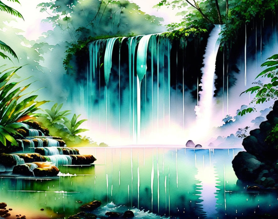 Serene waterfall with lush greenery in watercolor