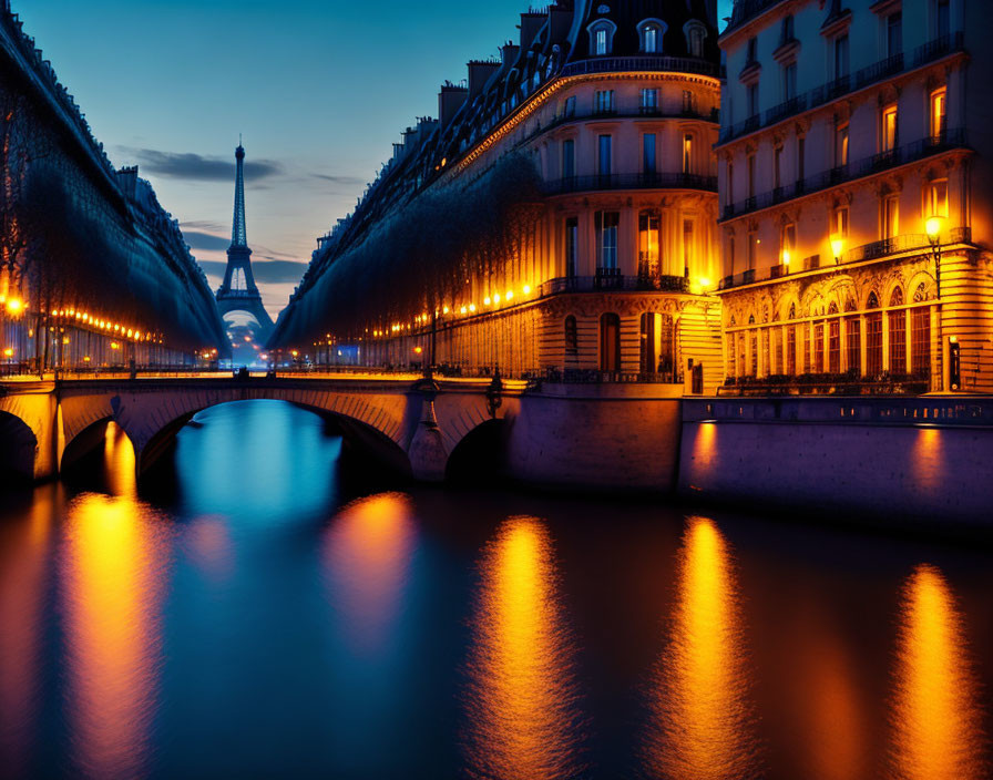 Paris Twilight Scene: Illuminated Buildings, Eiffel Tower, Seine River Reflections