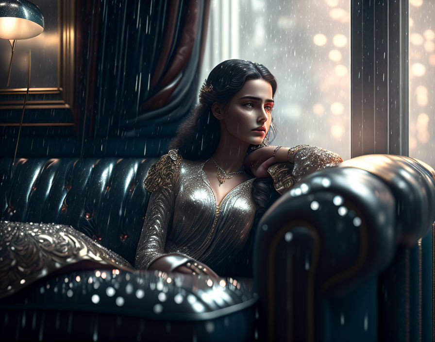 Woman in silver outfit gazes out rain-streaked train window