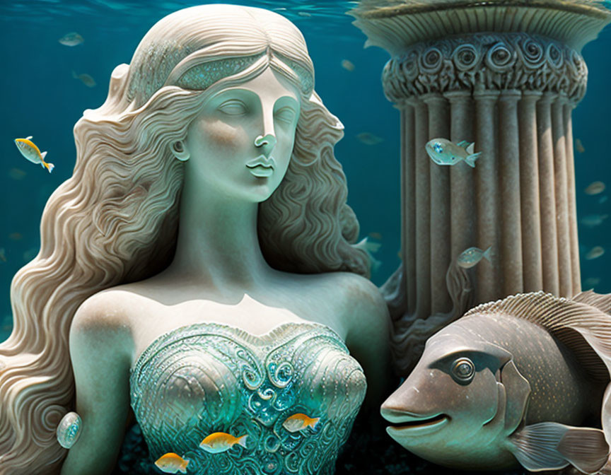 Stylized mermaid with fish by ancient column in tranquil underwater scene