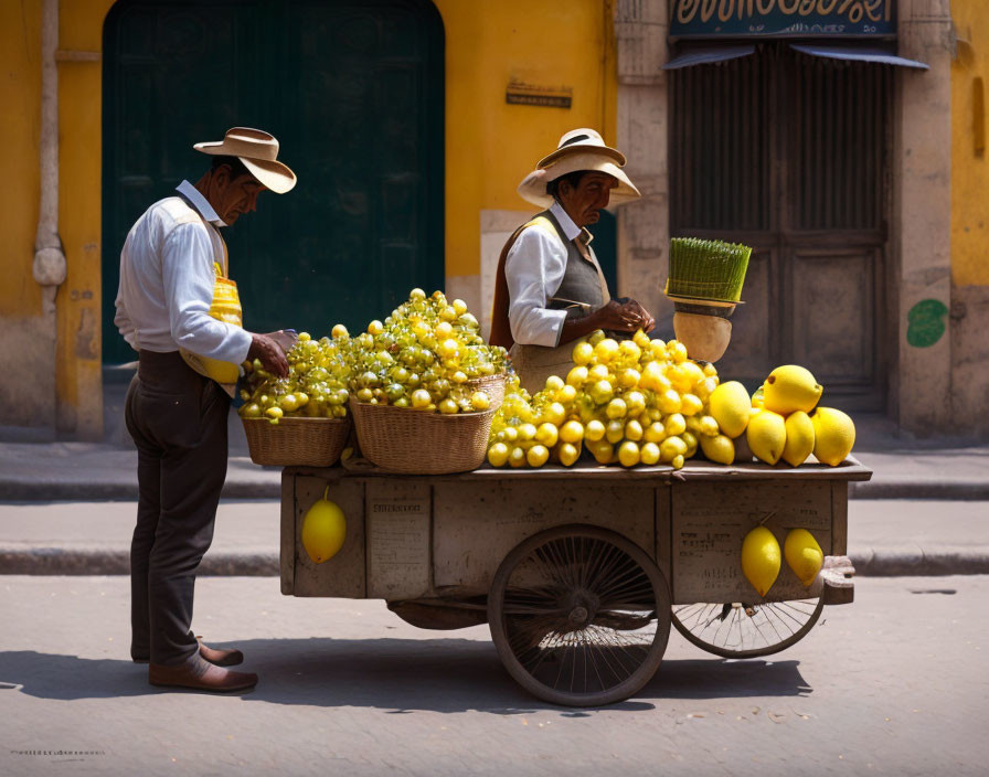 Two people in straw hats selling lemons on sunny street with yellow building