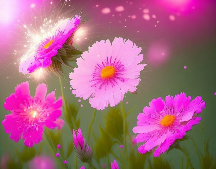 Bright Pink Flowers with Sparkling Light Effects on Soft Green Background