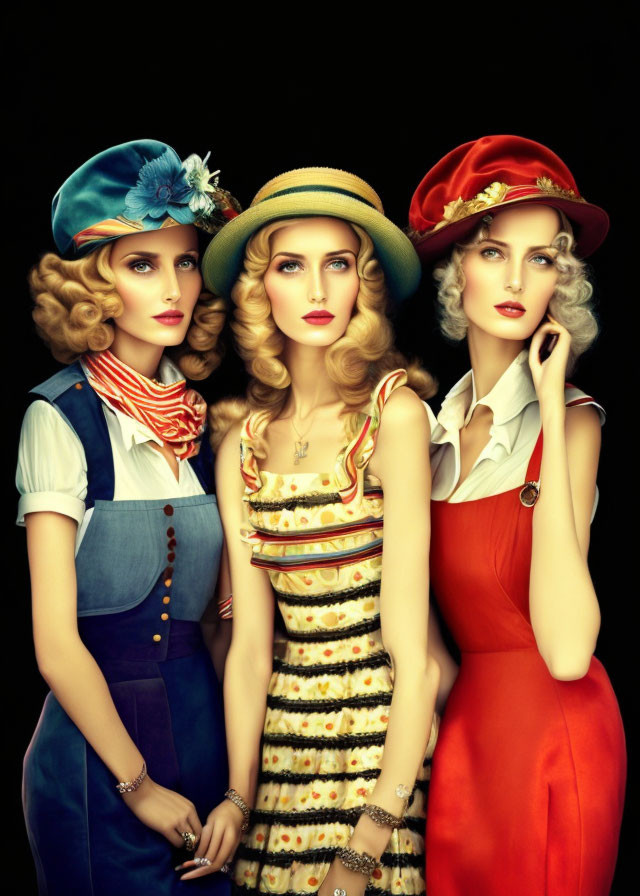 Three Women in Vintage Hairstyles and Colorful Hats in Retro Clothing