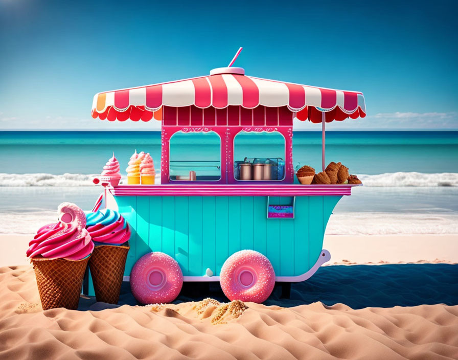 Colorful Ice Cream Cart on Beach with Oversized Cones