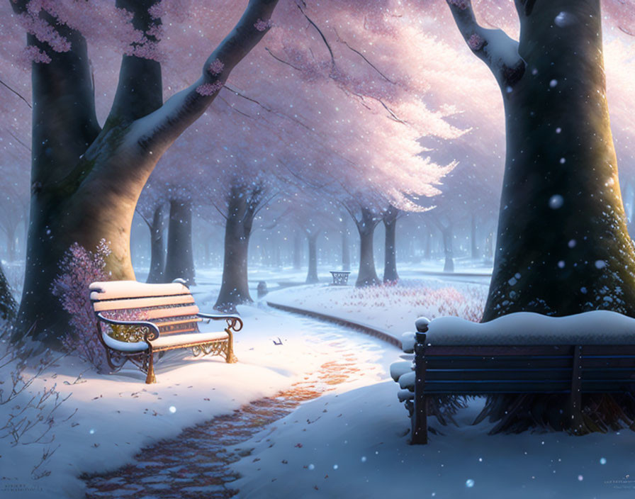 Snowy park with cherry blossoms, snow-covered bench, lamp posts, and path