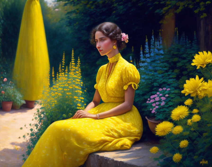 Pensive woman in yellow dress in garden with vibrant flowers