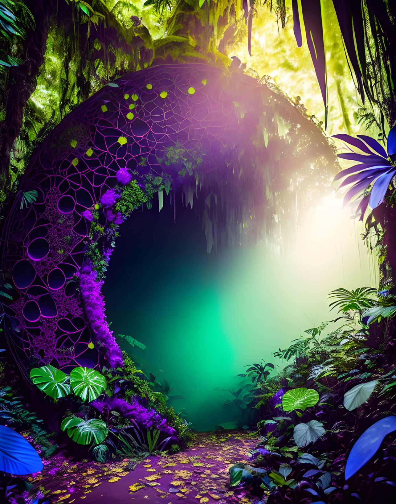 Vibrant forest scene with glowing portal and mystical lights