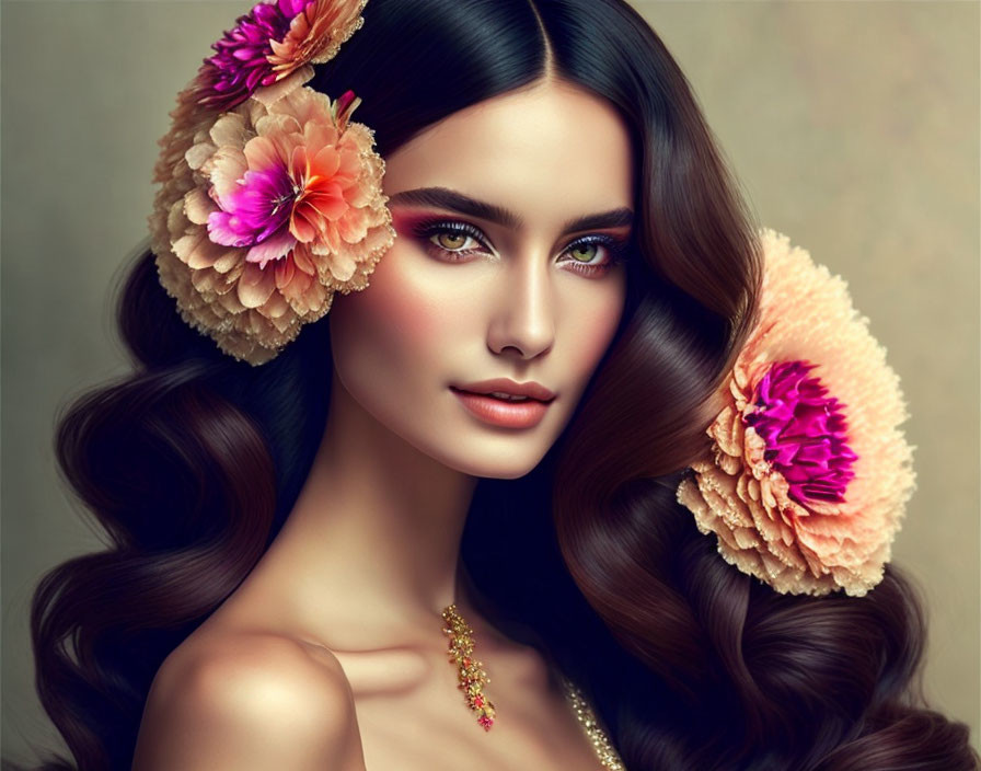 Woman portrait with glossy wavy hair, pink flowers, green eyes, and golden necklace