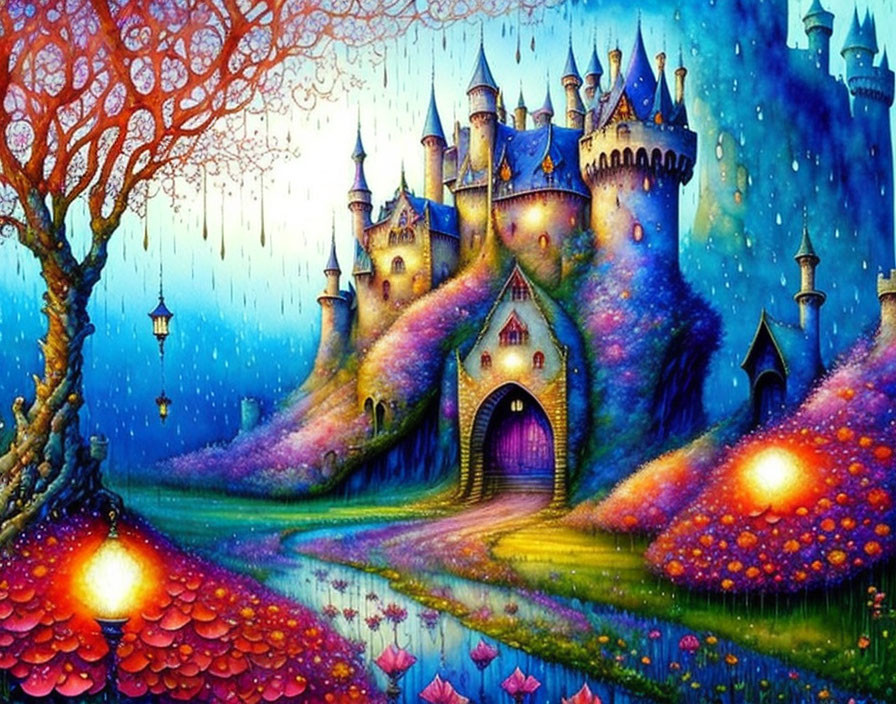 Fantasy castle with turrets in colorful, starry sky and oversized flowers landscape