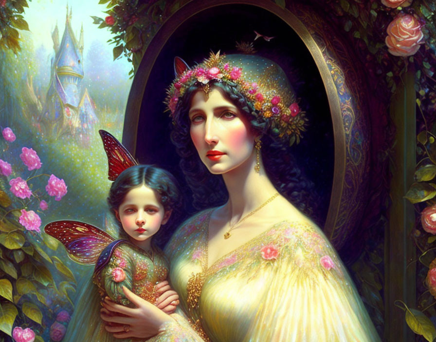 Woman with floral crown and child with fairy wings in fantastical garden