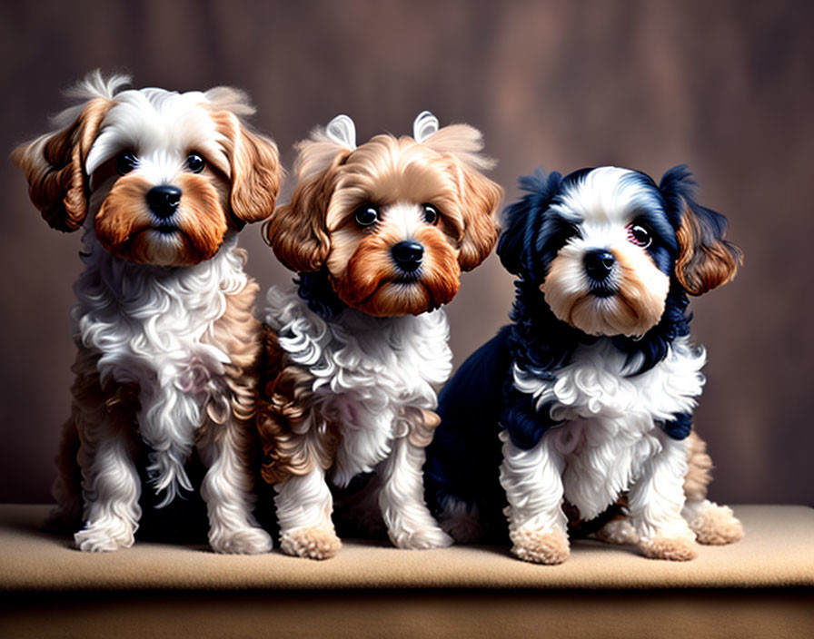 Three Cavalier King Charles Spaniel Puppies Sitting Together on Brown Background