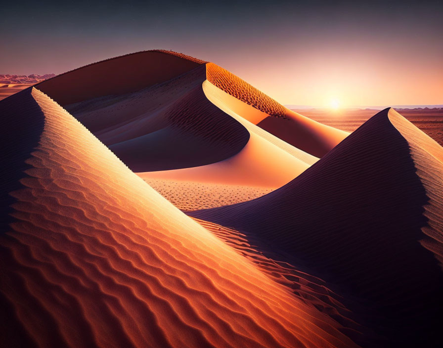 Scenic desert sunset with smooth sand dunes and orange sky