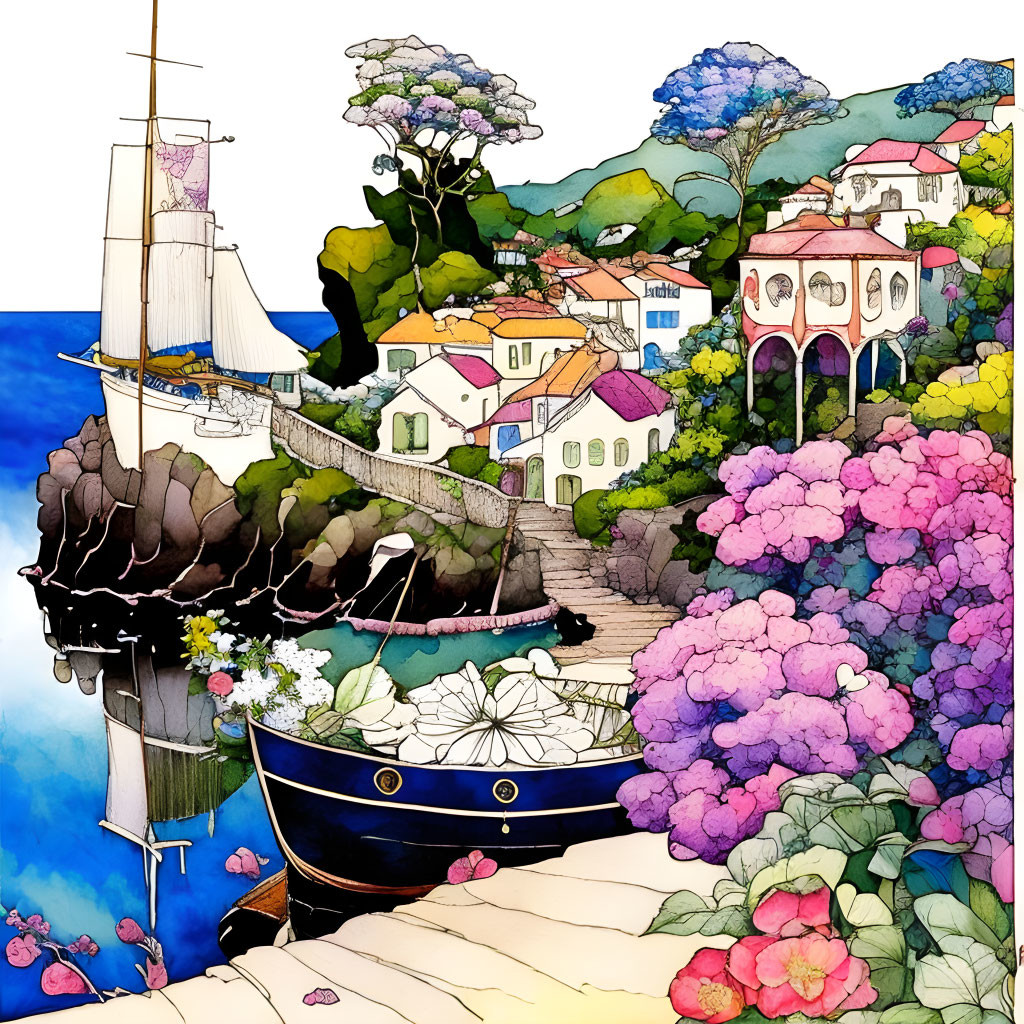 Colorful Watercolor Illustration: Coastal Village with Flora, Houses, Docked Boat, Sail