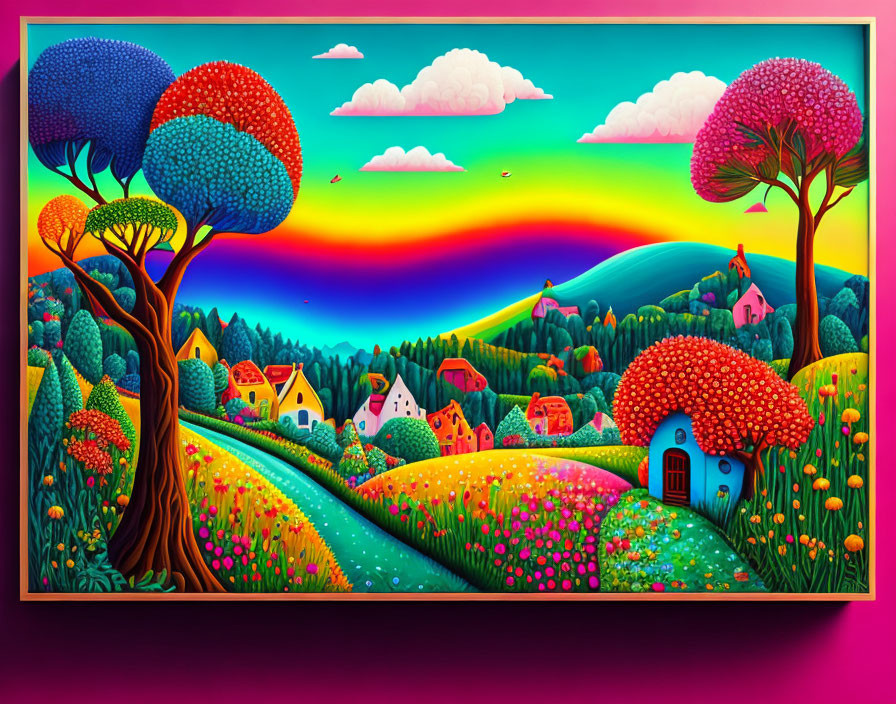 Colorful landscape with whimsical trees, river, hills, houses, and flowers at sunset