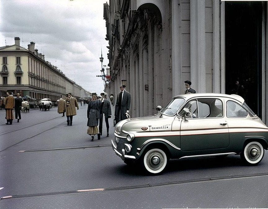 Vintage Taxi Car on City Street with Pedestrians and Historical Buildings