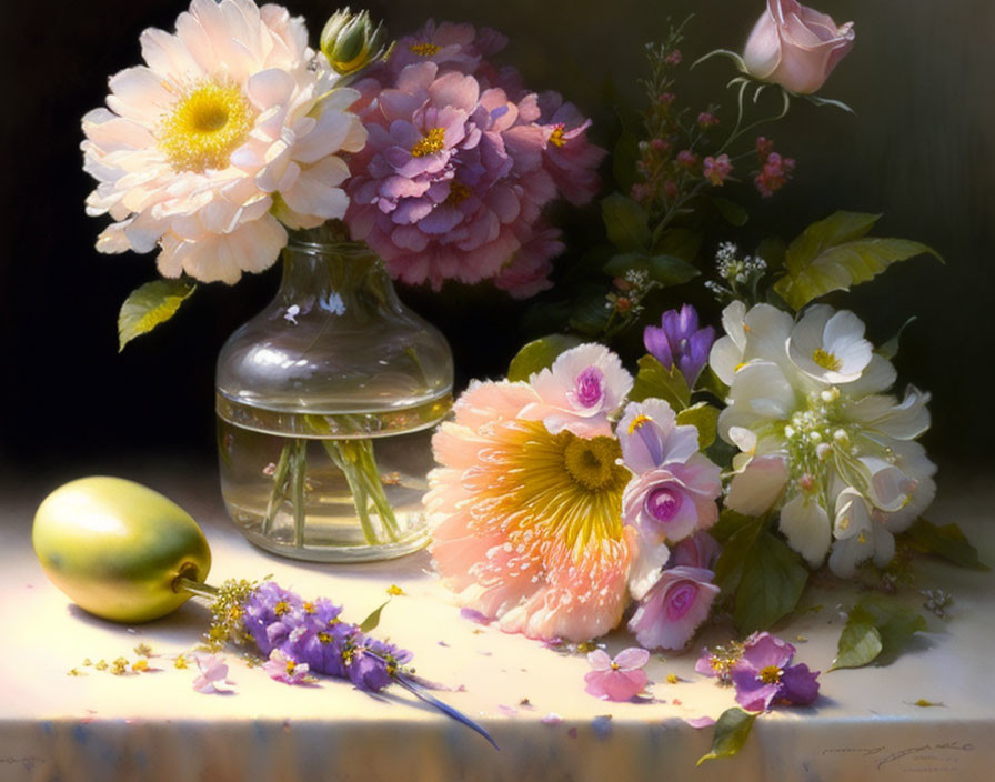 Floral still life painting with mango and purple flowers on tabletop