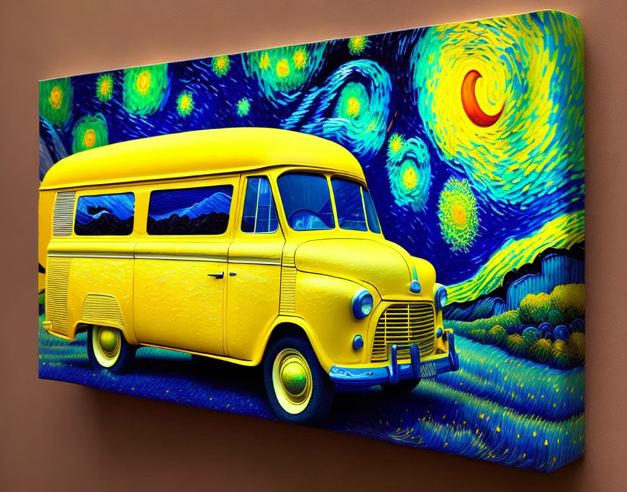 Yellow vintage van on Van Gogh-inspired background art