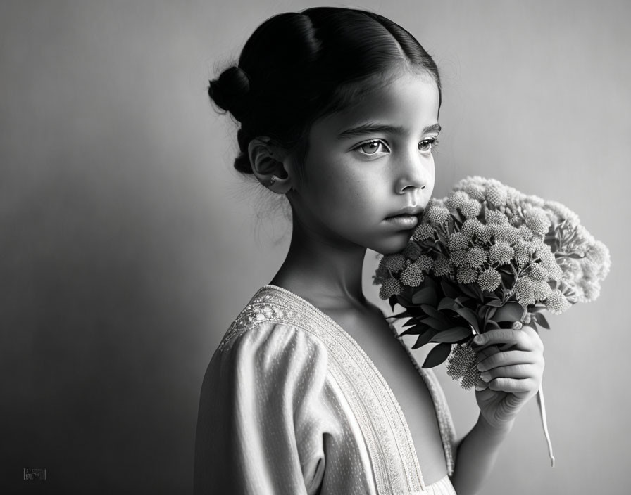 Monochrome portrait of solemn young girl with flowers bouquet