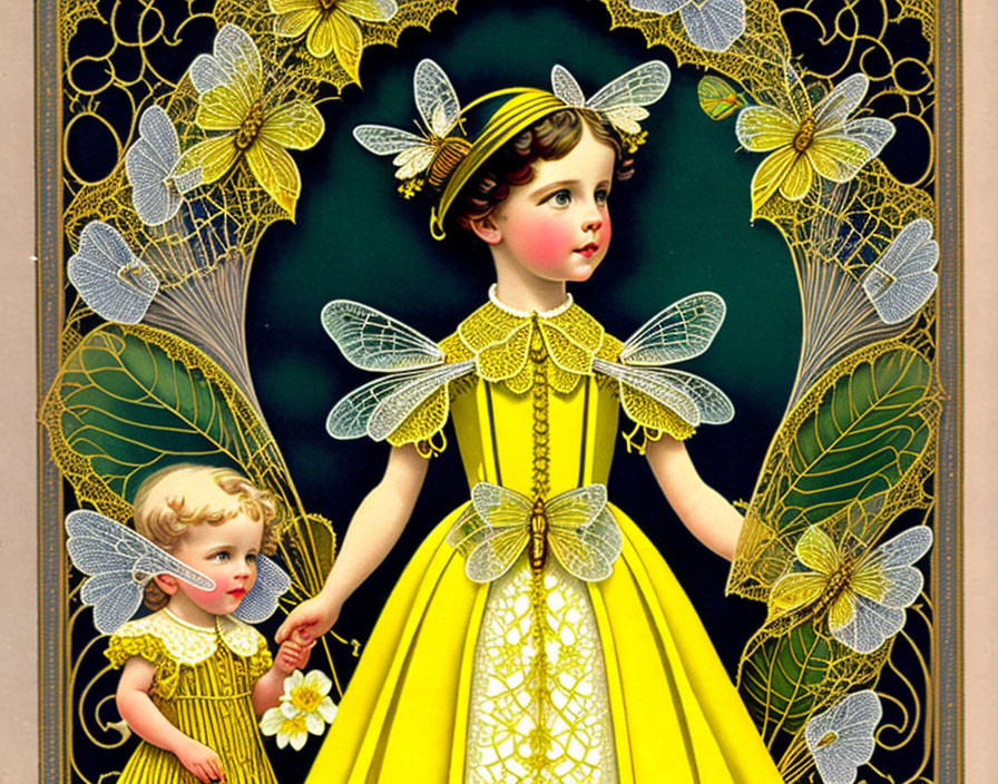 Illustrated children with butterfly wings in yellow dresses on intricate pink background