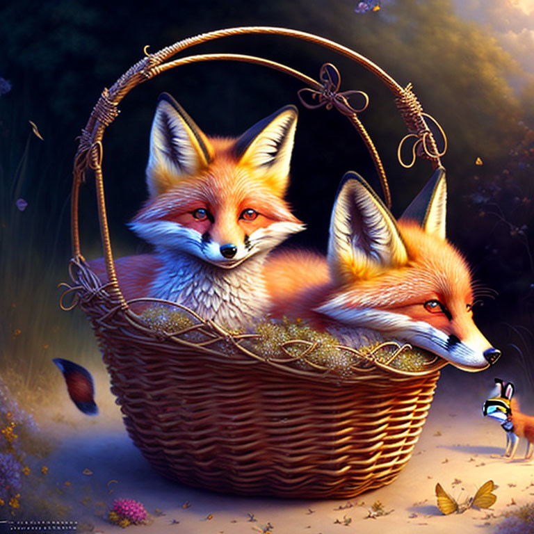 Foxes in wicker basket in mystical forest with butterflies & glowing lights