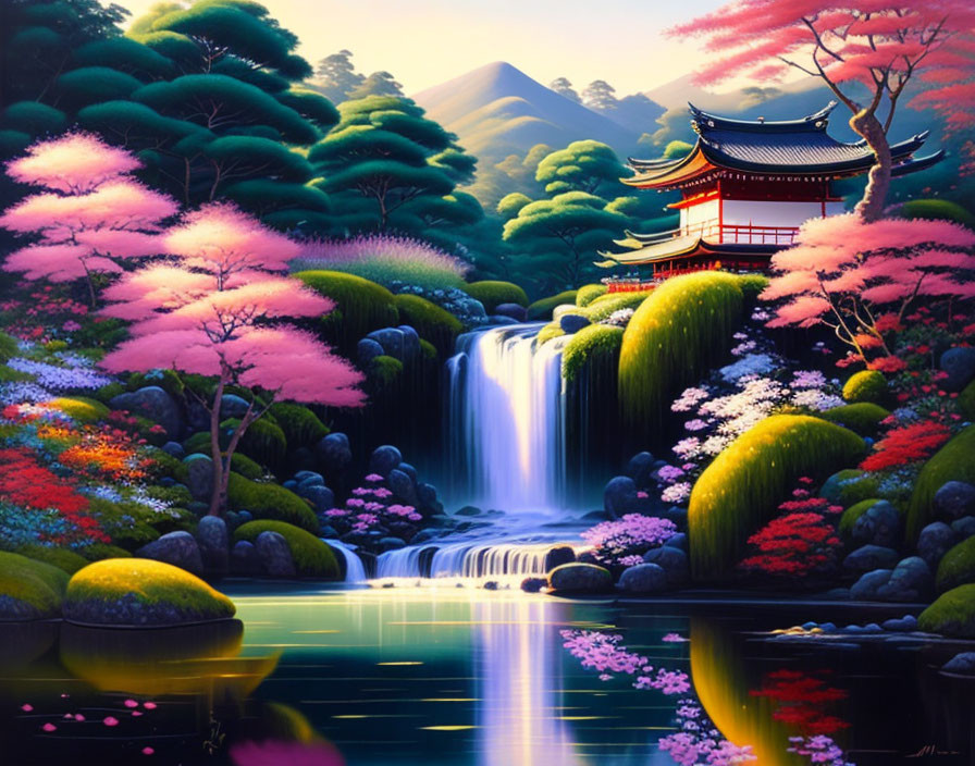 Traditional Japanese scene with temple, cherry blossoms, waterfall, and pond