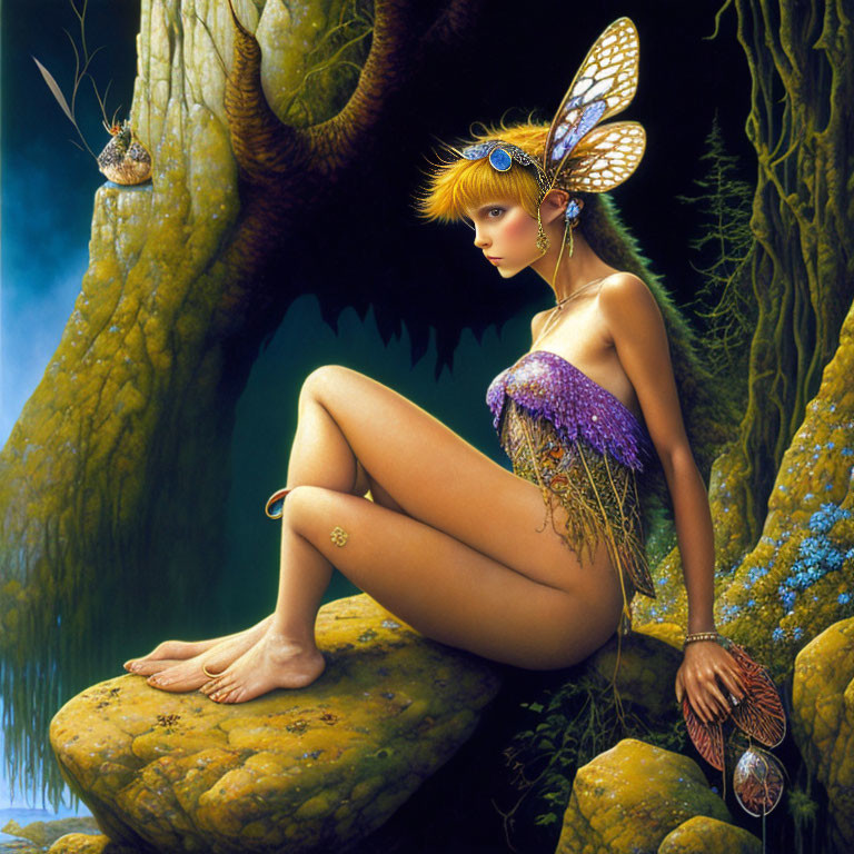 Fantasy Artwork: Fairy with Butterfly Wings in Enchanted Forest