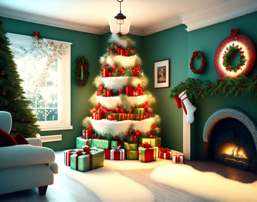 Festive Christmas-themed room with tree, fireplace, gifts, and wreaths