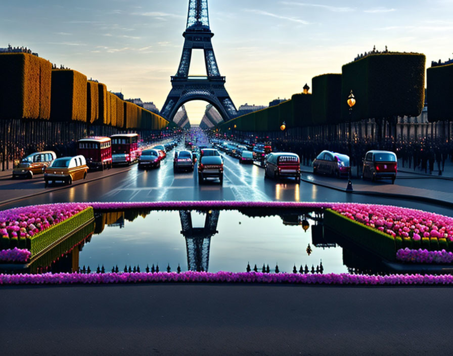 Symmetric View of Eiffel Tower at Dusk with Street Traffic and Vibrant Flowers