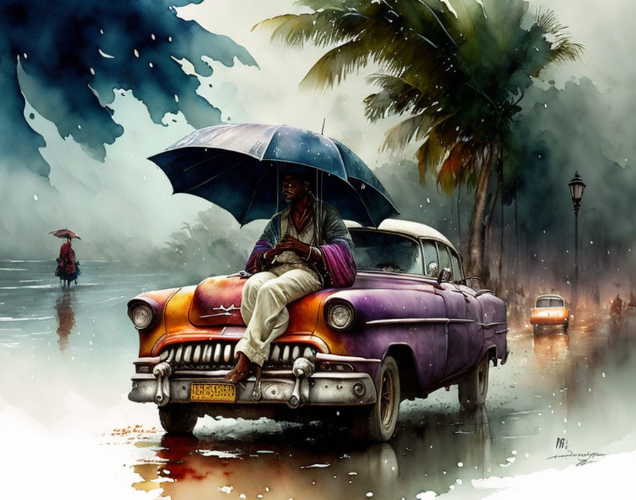 Person sitting on purple classic car hood with umbrella in rainy street