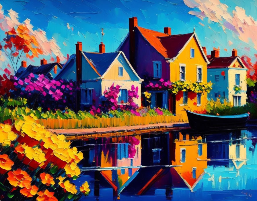 Vibrant painting of houses and gardens by a reflective river under a dynamic sky