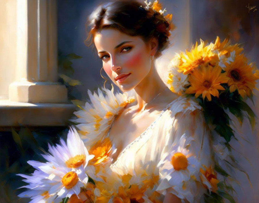 Portrait of a Woman with Flowers in Hair and Dress, Bathed in Sunlight