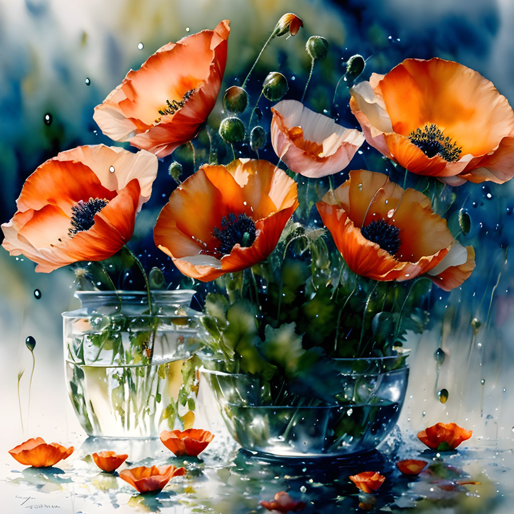 Bright Orange Poppies in Water Jars with Raindrops and Petals